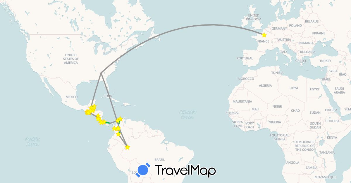 TravelMap itinerary: driving, bus, plane, hiking, boat, motorbike in Belize, Colombia, Costa Rica, France, Guatemala, Nicaragua, Panama, United States (Europe, North America, South America)